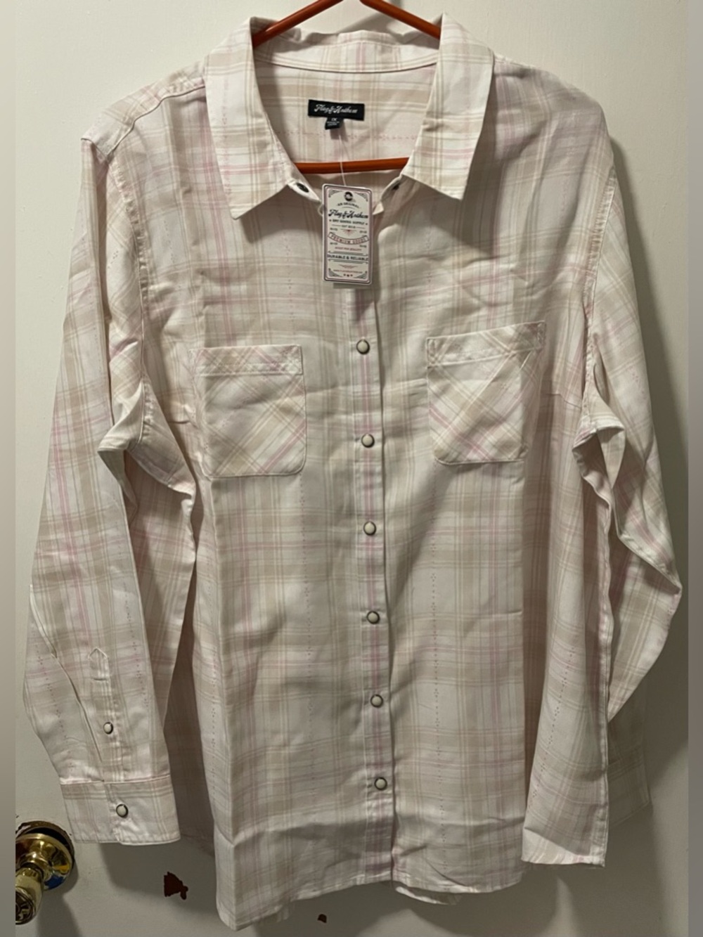 Flag & Anthem Women’s Cream Pink Brown Plaid Button-Up Shirt Long Sleeve Size 1X